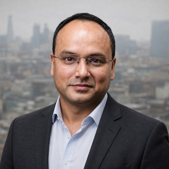 Mithun Bose, founder of Bose AI, photographed against the City of London skyline.